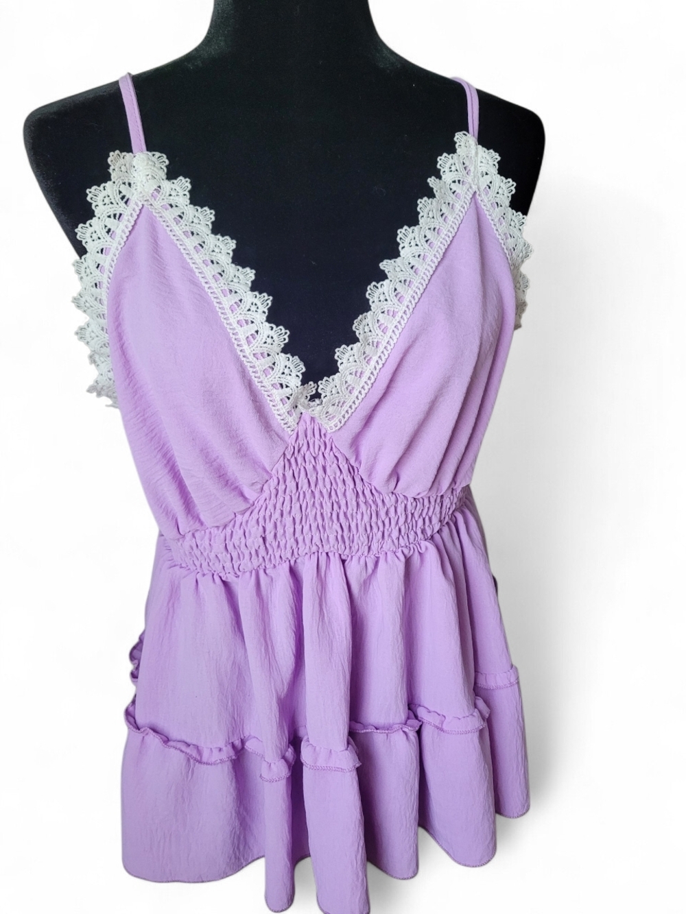 Lavender Lace Trim Babydoll Tank – Boho Festival Ruffle Top SHEIN Curve 2XL